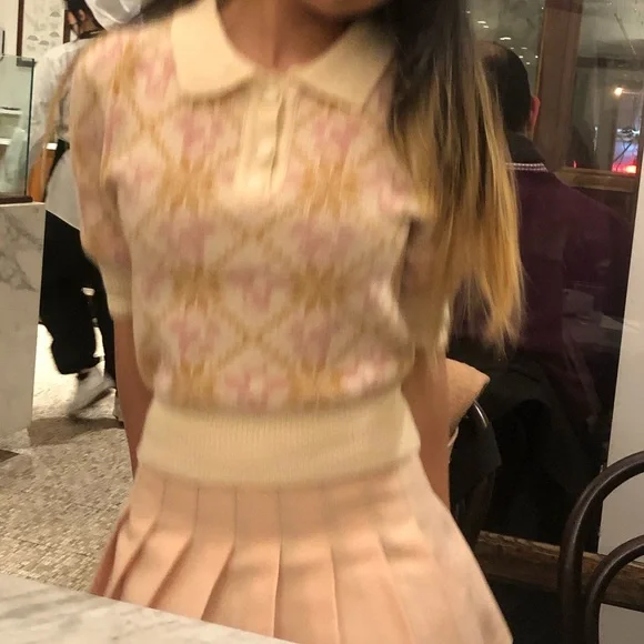 🐮 Cow Pattern Polo Mohair-like Sweater Pink and Cream - Picture 4 of 7